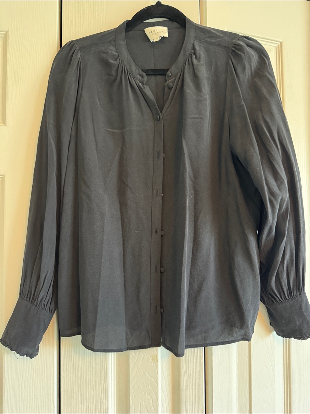Sézane Black Long-Sleeve silk Button-Front Blouse